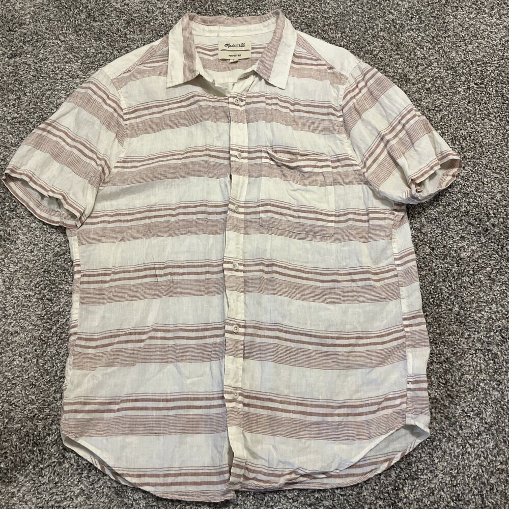 Madewell Perfect Fit Linen Shirt Mens Short Sleeve Button Up Brown Striped L